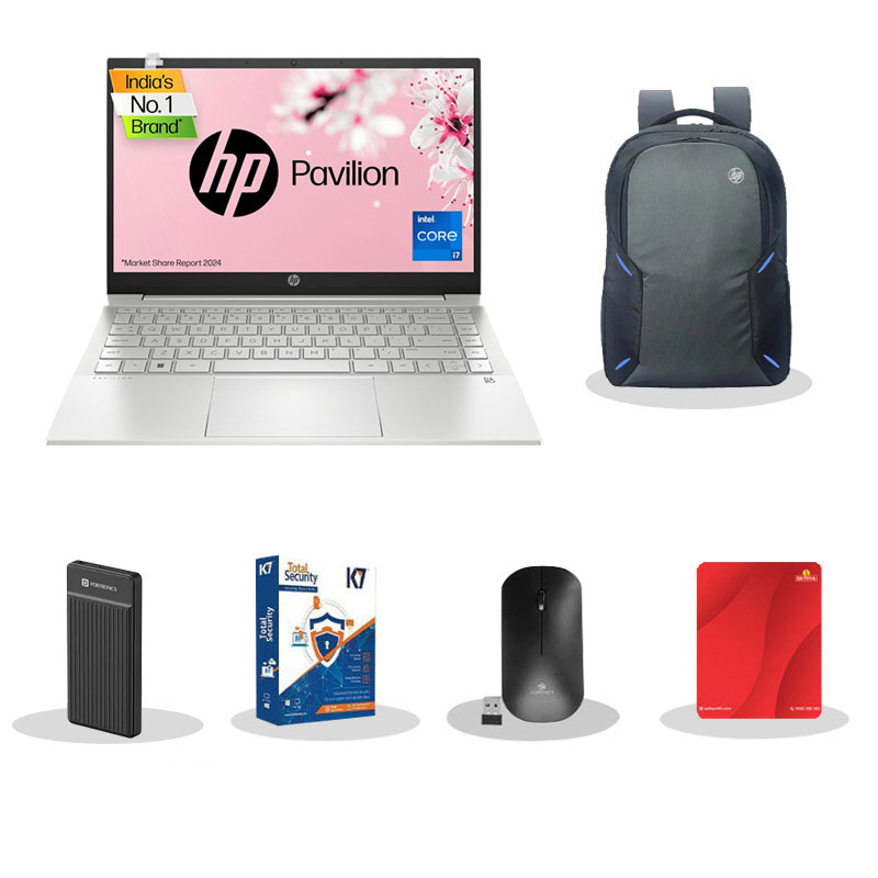 Picture of HP Pavilion 14 - 12th Gen Intel Core i7-1255U 14" (35.6 cm) 14-dv2015TU Thin and Light Laptop (16GB/ 1TB SSD/ Full HD Display/ Intel Iris Xe graphics/ Windows 11 Home/ MS Office/ Natural Silver/ 1.41 kg) with Laptop Bag + Portronics Luxcell B12 10,000mAh Ultra Slim Power Bank + K7 Antivirus + Wireless Mouse + Mouse Pad